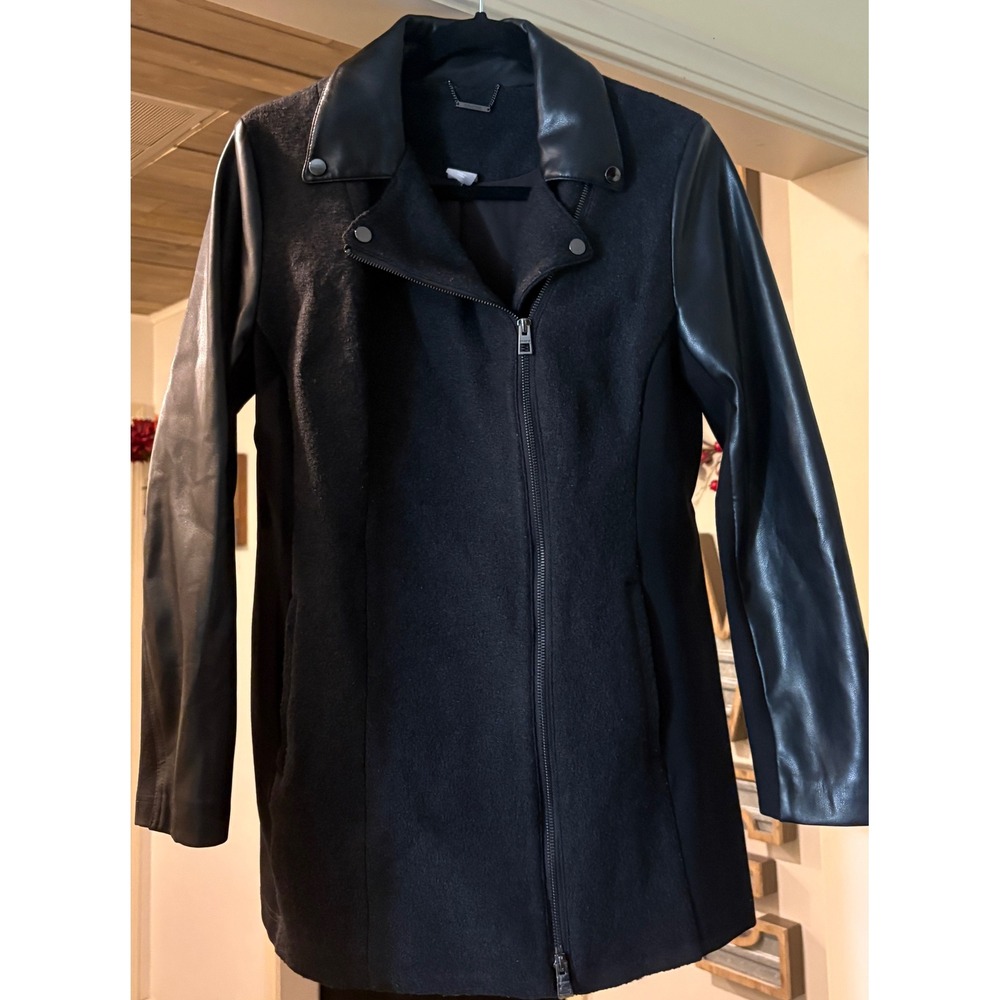 Chico's Black Wool Blend Faux Leather Sleeve Moto Jacket Coat Size 0 US 4/6